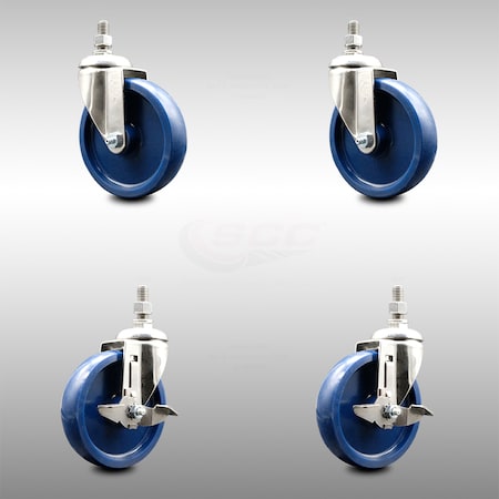 Service Caster 5 Inch 316SS Solid Polyurethane Swivel 10mm Threaded Stem Caster Brake, 2PK SCC-SS316TS20S514-SPUS-M1015-2-TLB-2